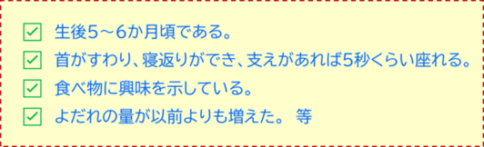 1生後5～6か月頃である。2首がすわり寝返りができ支えがあれば5秒くらい座れる。3食べ物に興味を示している。4よだれの量が以前よりも増えた。等　